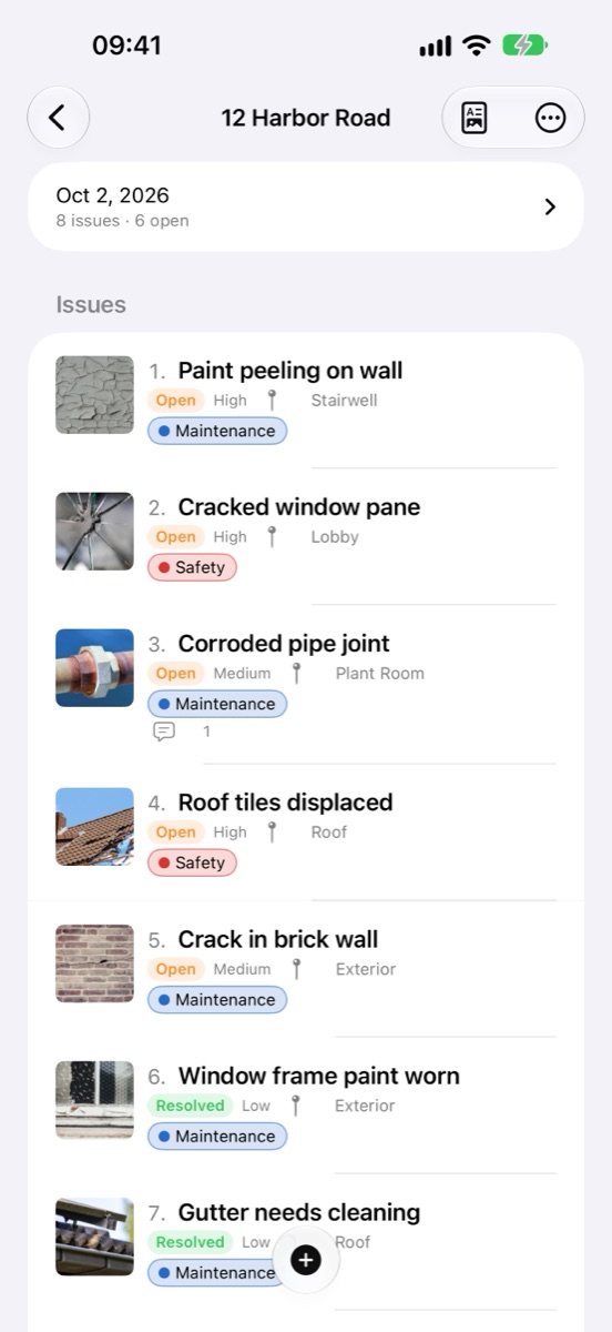 Issue list for a project with photo thumbnails, status, priority, location and tags