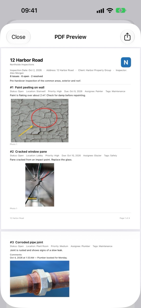 PDF report preview with company logo, issue details and annotated photos