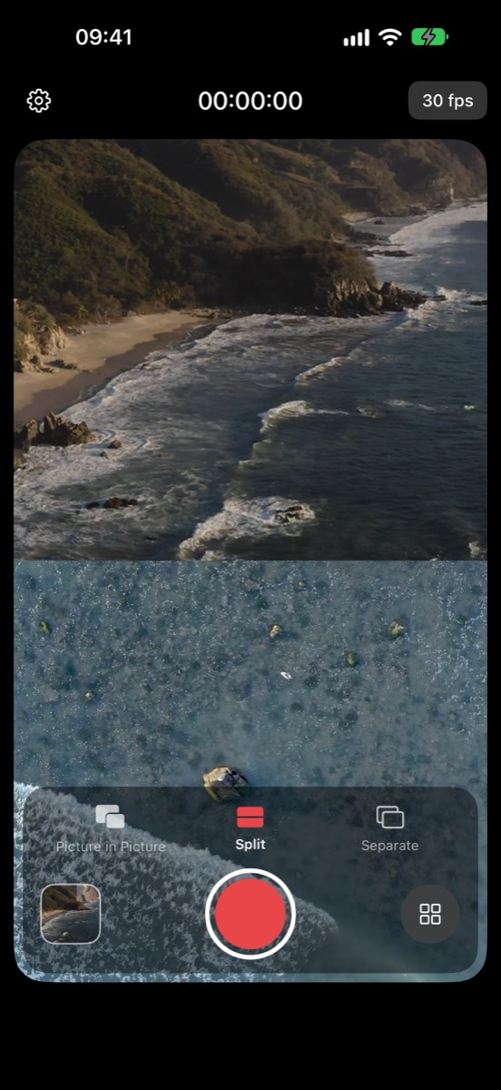 Split mode showing two cameras stacked top and bottom in one vertical video